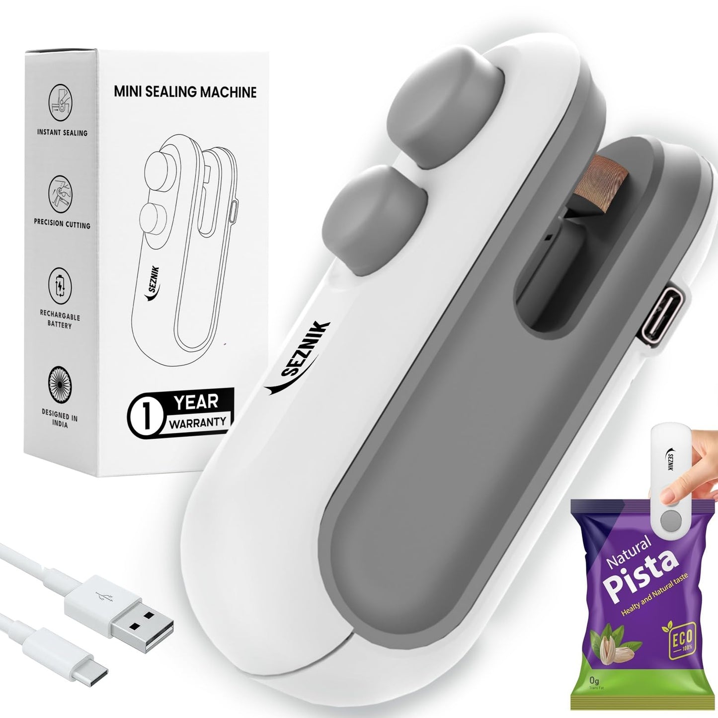 Seznik Handheld Portable Sealing Machine for Food Packets - Snacks, Chips, Fresh Storage - Mini Sealing Machine, 1 YEAR Warranty (White)