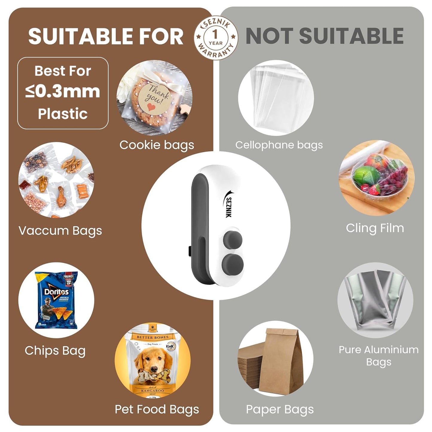 Seznik Handheld Portable Sealing Machine for Food Packets - Snacks, Chips, Fresh Storage - Mini Sealing Machine, 1 YEAR Warranty (White)