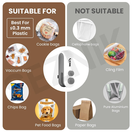 Seznik Handheld Portable Sealing Machine for Food Packets - Snacks, Chips, Fresh Storage - Mini Sealing Machine, 1 YEAR Warranty (White)