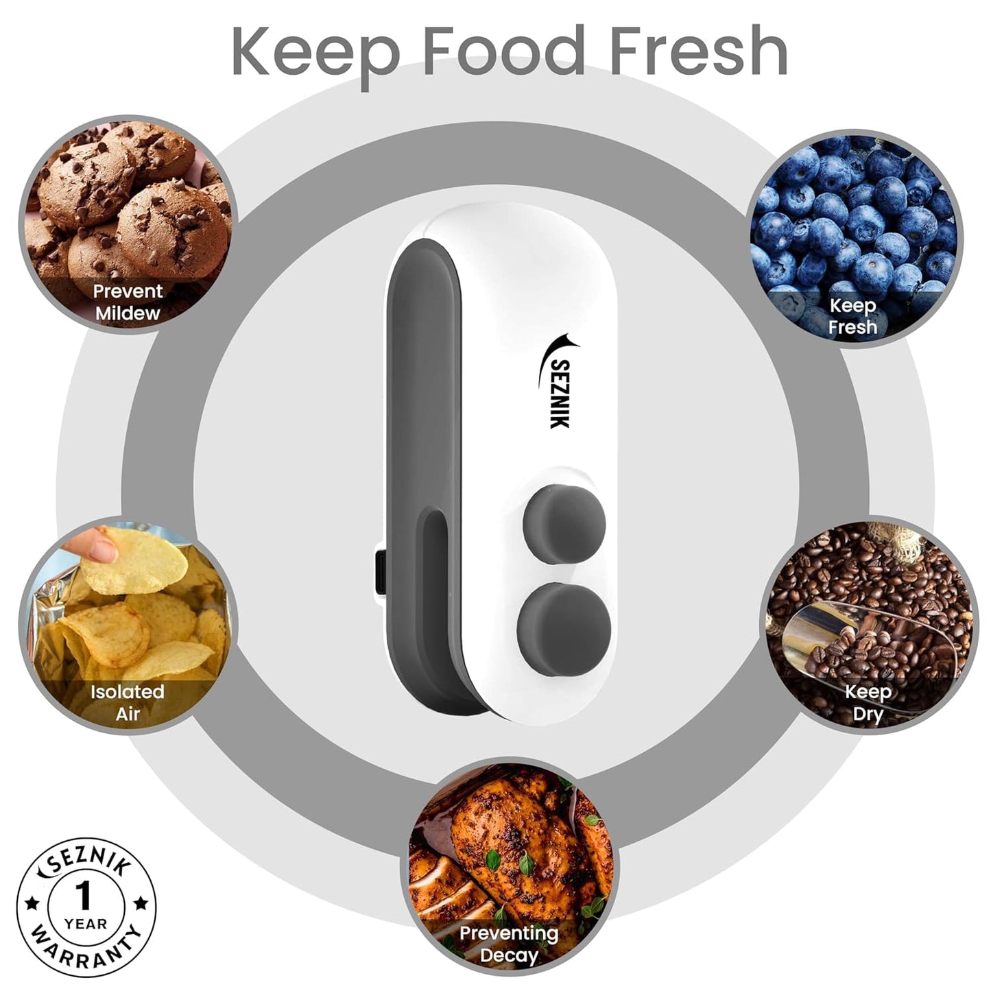 Seznik Handheld Portable Sealing Machine for Food Packets - Snacks, Chips, Fresh Storage - Mini Sealing Machine, 1 YEAR Warranty (White)