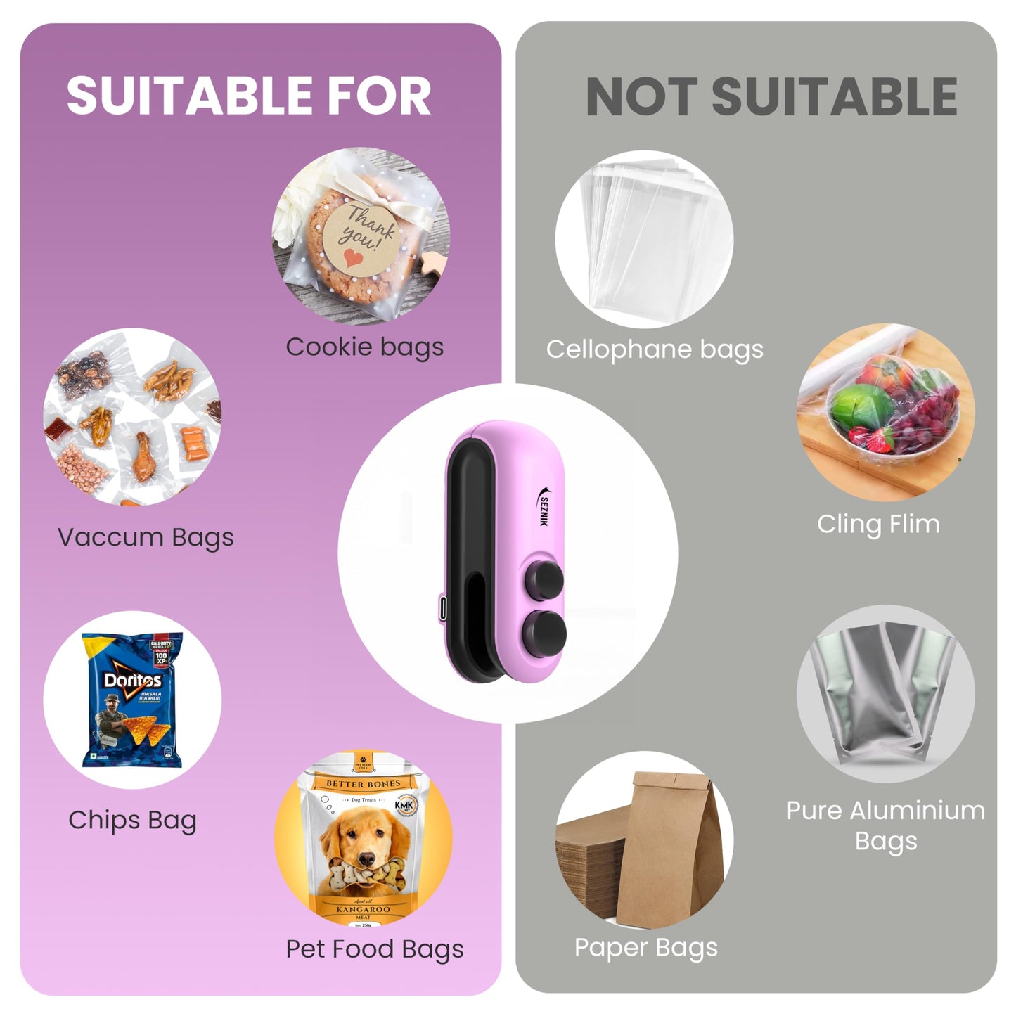 Seznik Handheld Portable Sealing Machine for Food Packets - Snacks, Chips, Fresh Storage - Mini Sealing Machine, 1 YEAR Warranty (White)