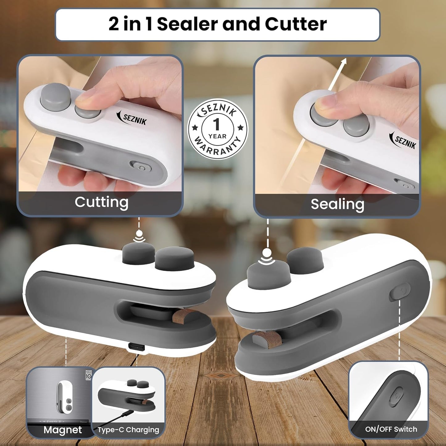 Seznik Handheld Portable Sealing Machine for Food Packets - Snacks, Chips, Fresh Storage - Mini Sealing Machine, 1 YEAR Warranty (White)