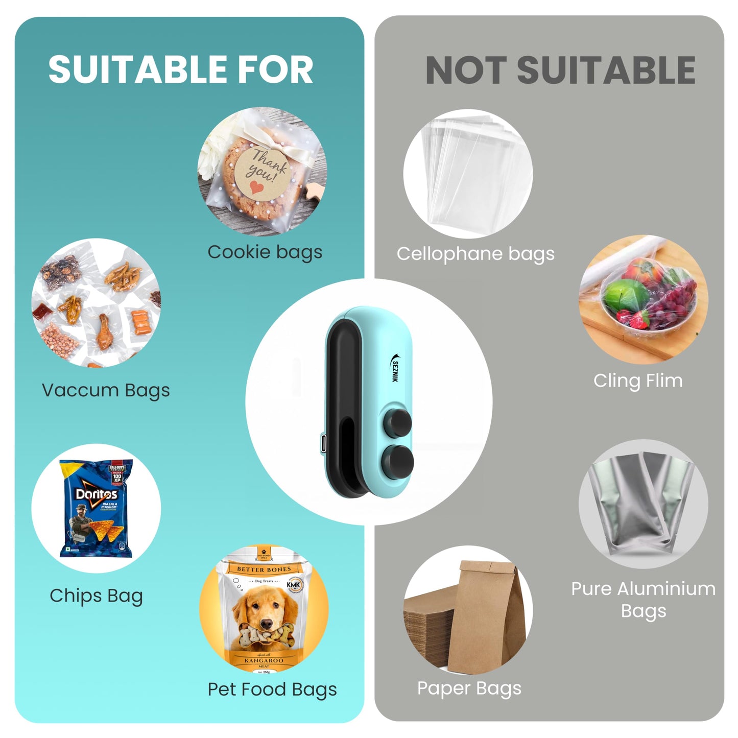 Seznik Handheld Portable Sealing Machine for Food Packets - Snacks, Chips, Fresh Storage - Mini Sealing Machine, 1 YEAR Warranty (White)