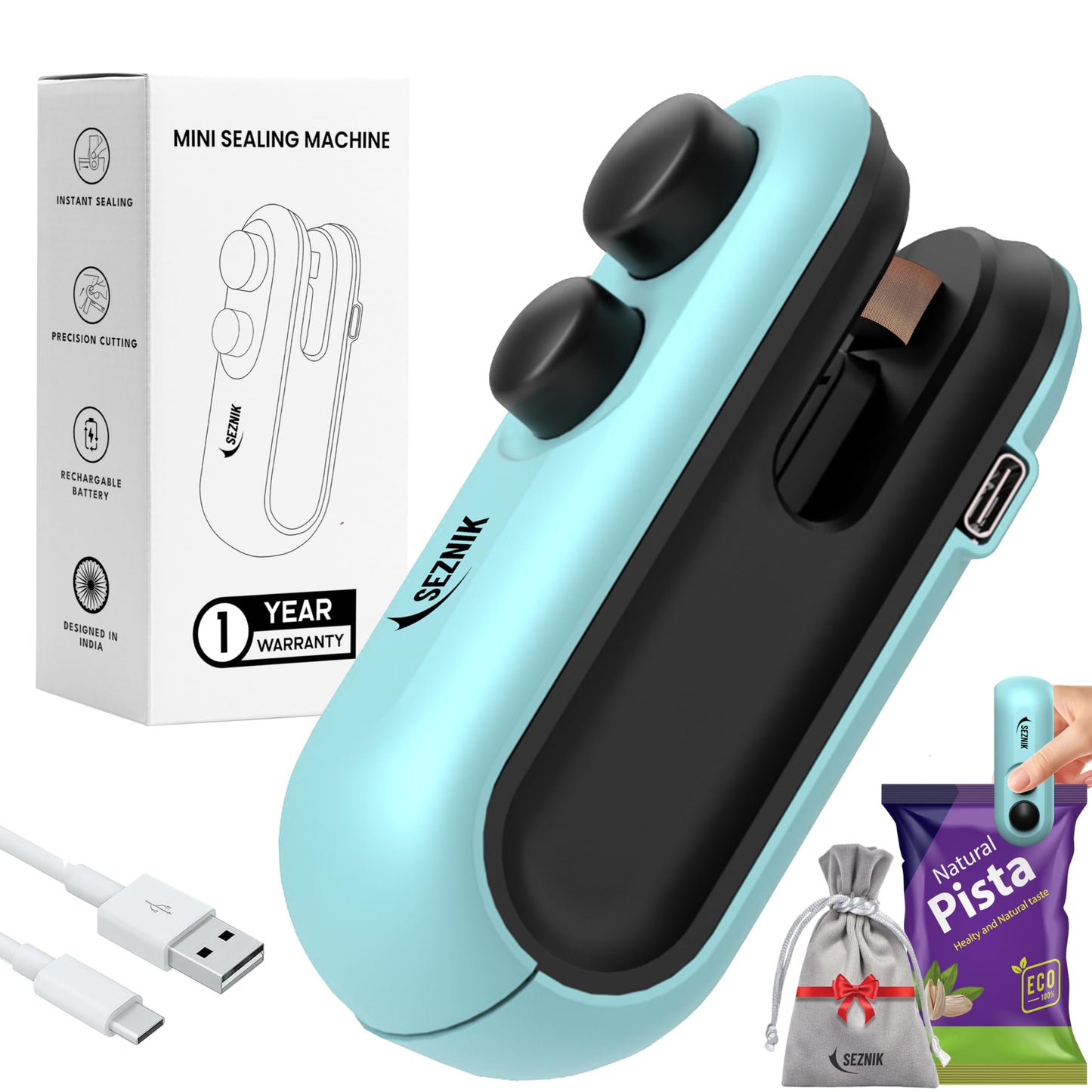 Seznik Handheld Portable Sealing Machine for Food Packets - Snacks, Chips, Fresh Storage - Mini Sealing Machine, 1 YEAR Warranty (White)