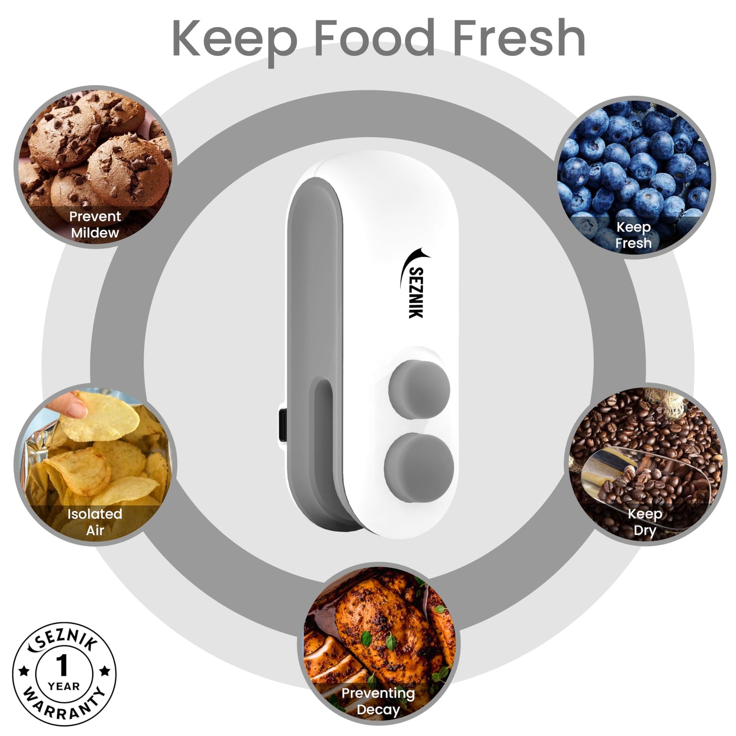 Seznik Handheld Portable Sealing Machine for Food Packets - Snacks, Chips, Fresh Storage - Mini Sealing Machine, 1 YEAR Warranty (White)