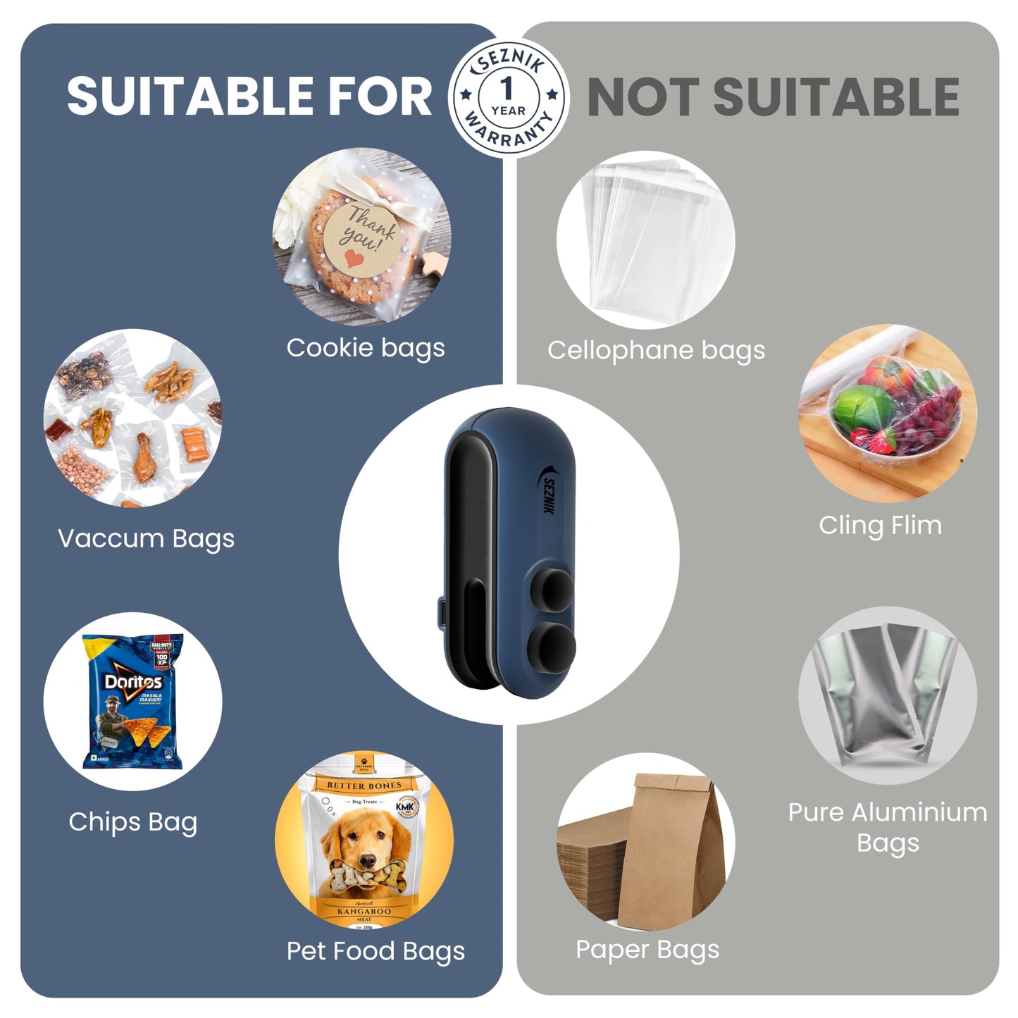 Seznik Handheld Portable Sealing Machine for Food Packets - Snacks, Chips, Fresh Storage - Mini Sealing Machine, 1 YEAR Warranty (White)
