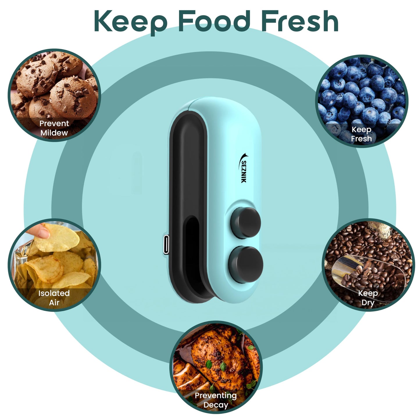 Seznik Handheld Portable Sealing Machine for Food Packets - Snacks, Chips, Fresh Storage - Mini Sealing Machine, 1 YEAR Warranty (White)