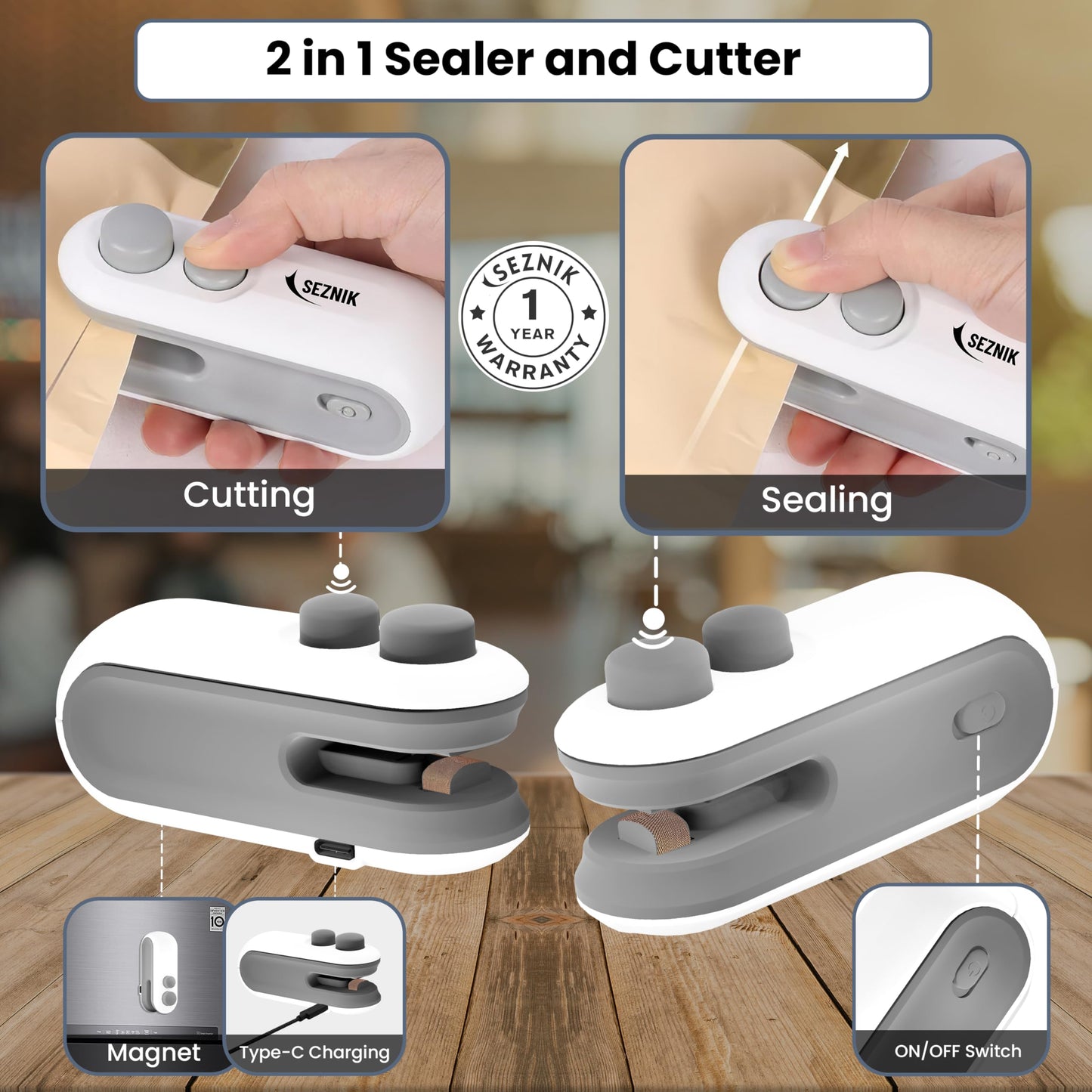 Seznik Handheld Portable Sealing Machine for Food Packets -  Snacks, Chips, Fresh Storage - Mini Sealing Machine, 1 YEAR Warranty (White)